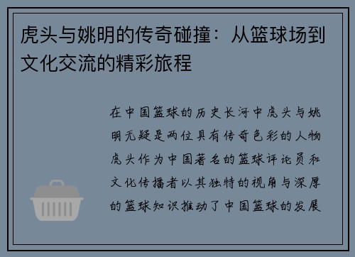虎头与姚明的传奇碰撞：从篮球场到文化交流的精彩旅程